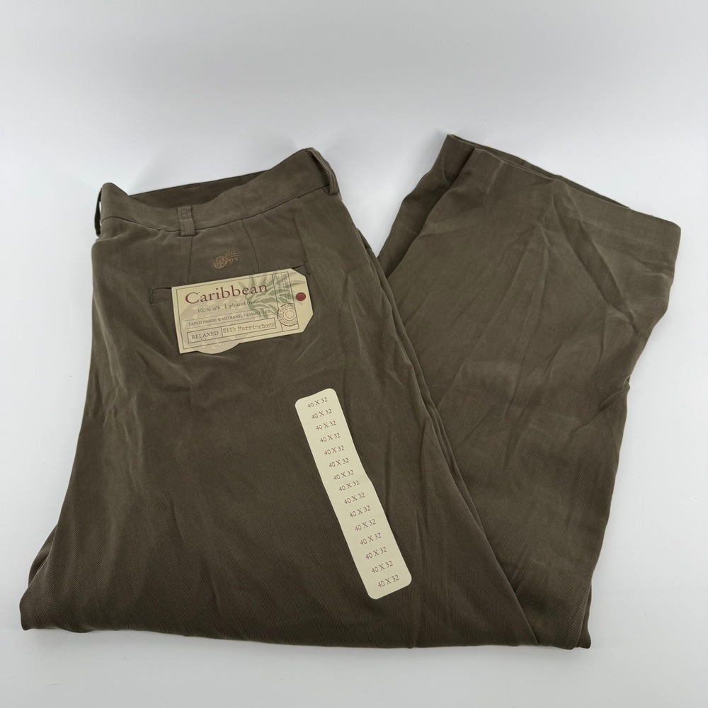 Caribbean Mens 100% Silk Herringbone Pleated Pants 40x32 Deepest Olive S65PR500